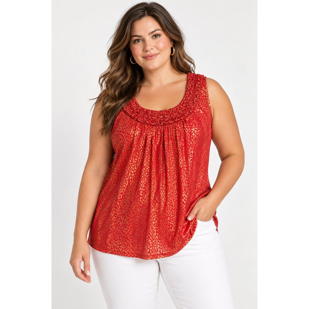 New Directions Top Women 2X Red New Metallic Leopard Print Ruffle Neck Blouse